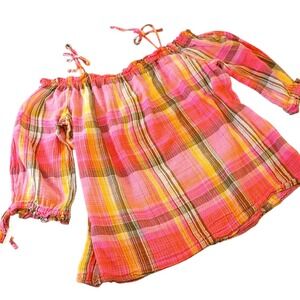 A.N.A. Women's Pink Plaid Blouse Off Shoulder Top 3/4 Sleeve Shirt Size M Cotton